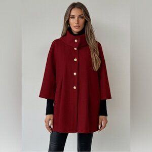 Burgundy High-Neck Button Front Raglan Overcoat